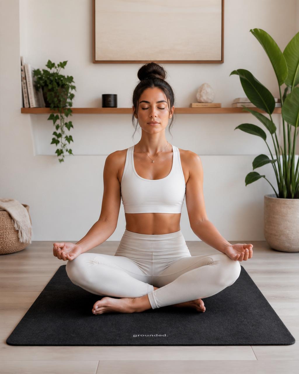 Woman meditating barefoot on a Valieno grounding mat in a bright minimal room