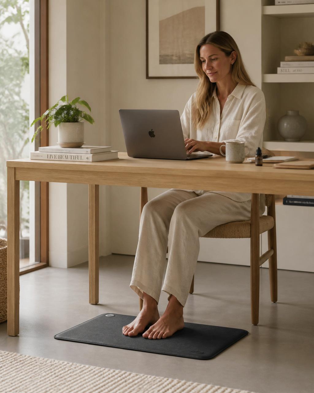 Woman working barefoot at a desk with her feet resting on a Valieno grounding mat