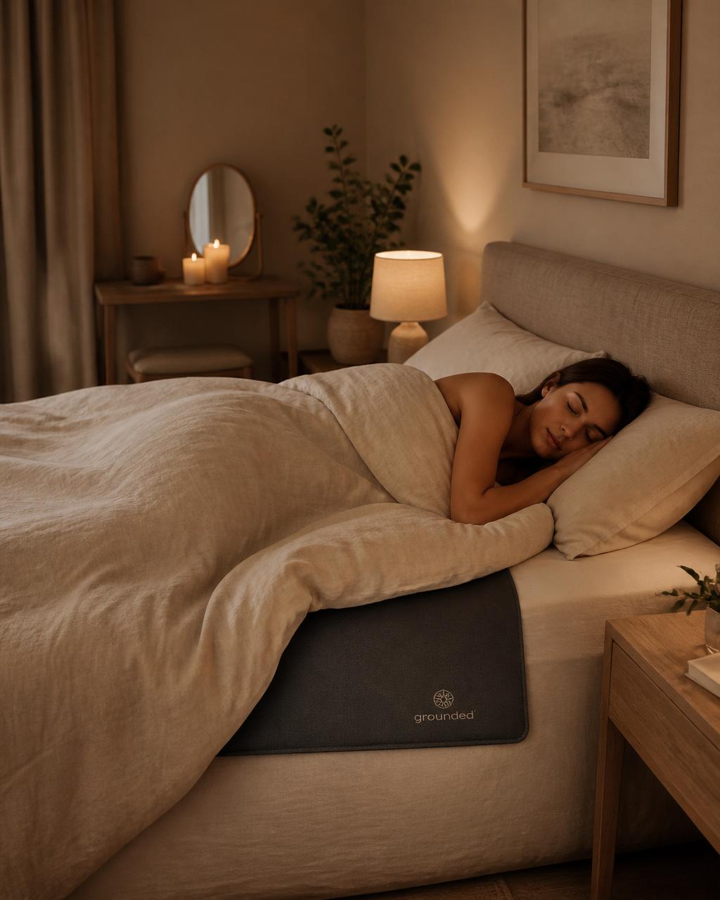 Valieno grounding mat laid across the foot of a bed in a warm, calm bedroom