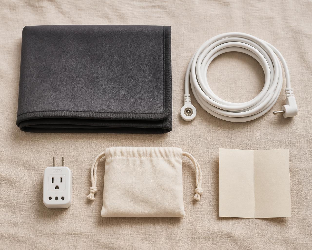 Flat lay of the Valieno grounding mat, cord, outlet checker, travel pouch and guide